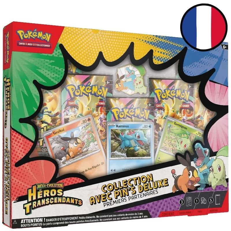 Coffret Collection avec pin’s Deluxe Premiers Partenaires Méga-Évolution – Héros Transcendants - Pokémon FR