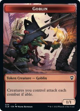 Gobelin (1/1, les créatures attaquent à chaque combat) // Pirate (1/1, ne peut pas bloquer)