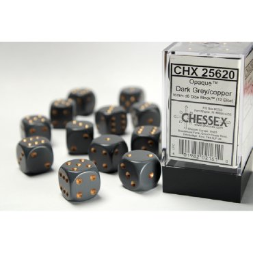 set 12 des d6 16mm opaque gris fonce et cuivre chessex 