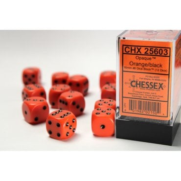 set 12 des d6 16mm opaque orange et noir chessex 