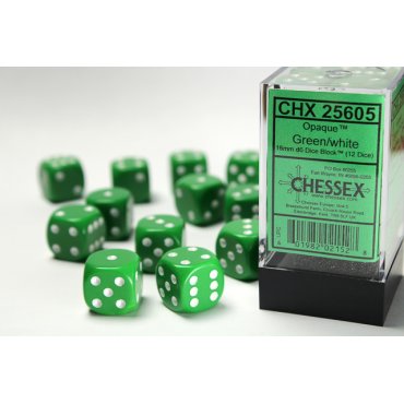 set 12 des d6 16mm vert et blanc chessex 