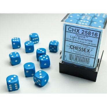 set 36 des d6 12mm opaque bleu clair et blanc chessex 