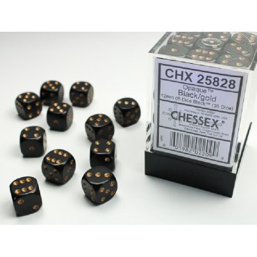 set 36 des d6 12mm opaque noir et or chessex 