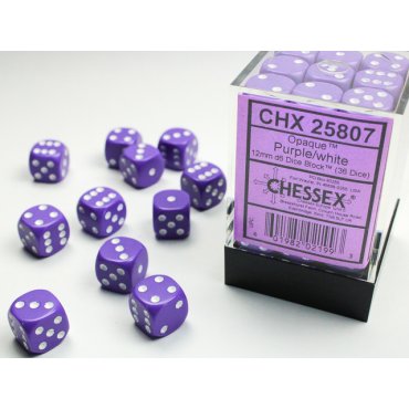 set de 36 des d6 12 mm opaque violet et blanc 