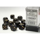 Boite de Set de 12 dés D6 16mm Polyhédraux opaque Noir et Or - Chessex
